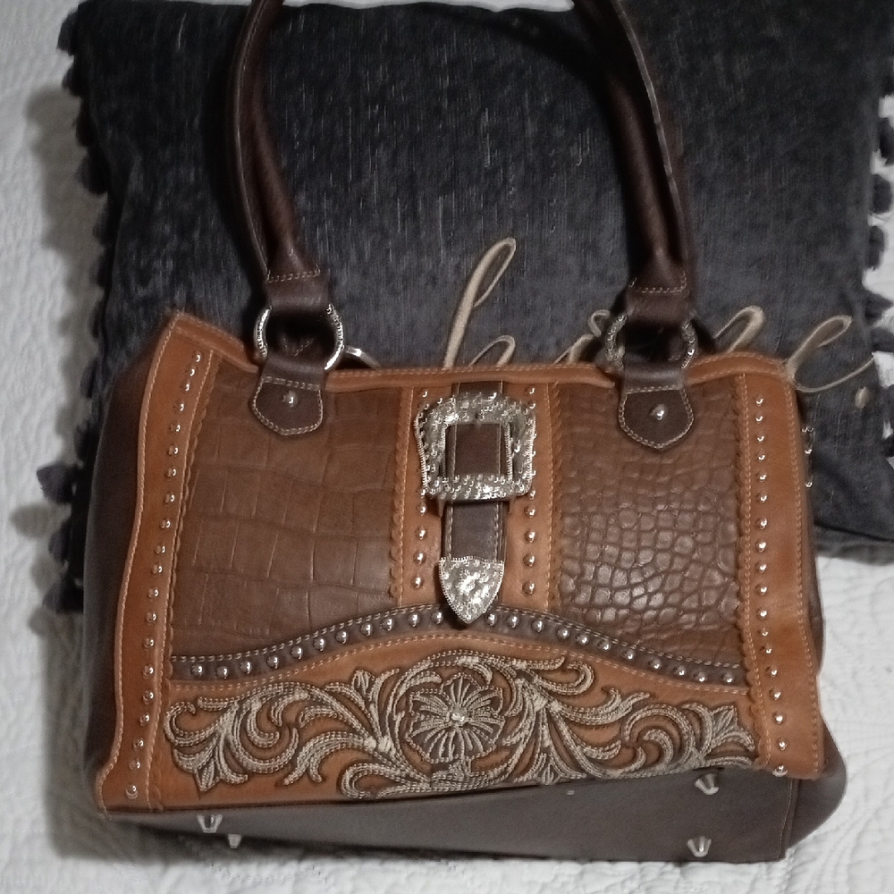 Brown Crocodile Embossed Shoulder Bag with Ornate Tooled Design
